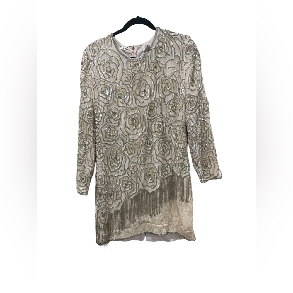 Night Vogue Beaded Sequin Vintage Ivory Mini Dress Bridal Evening Size Large